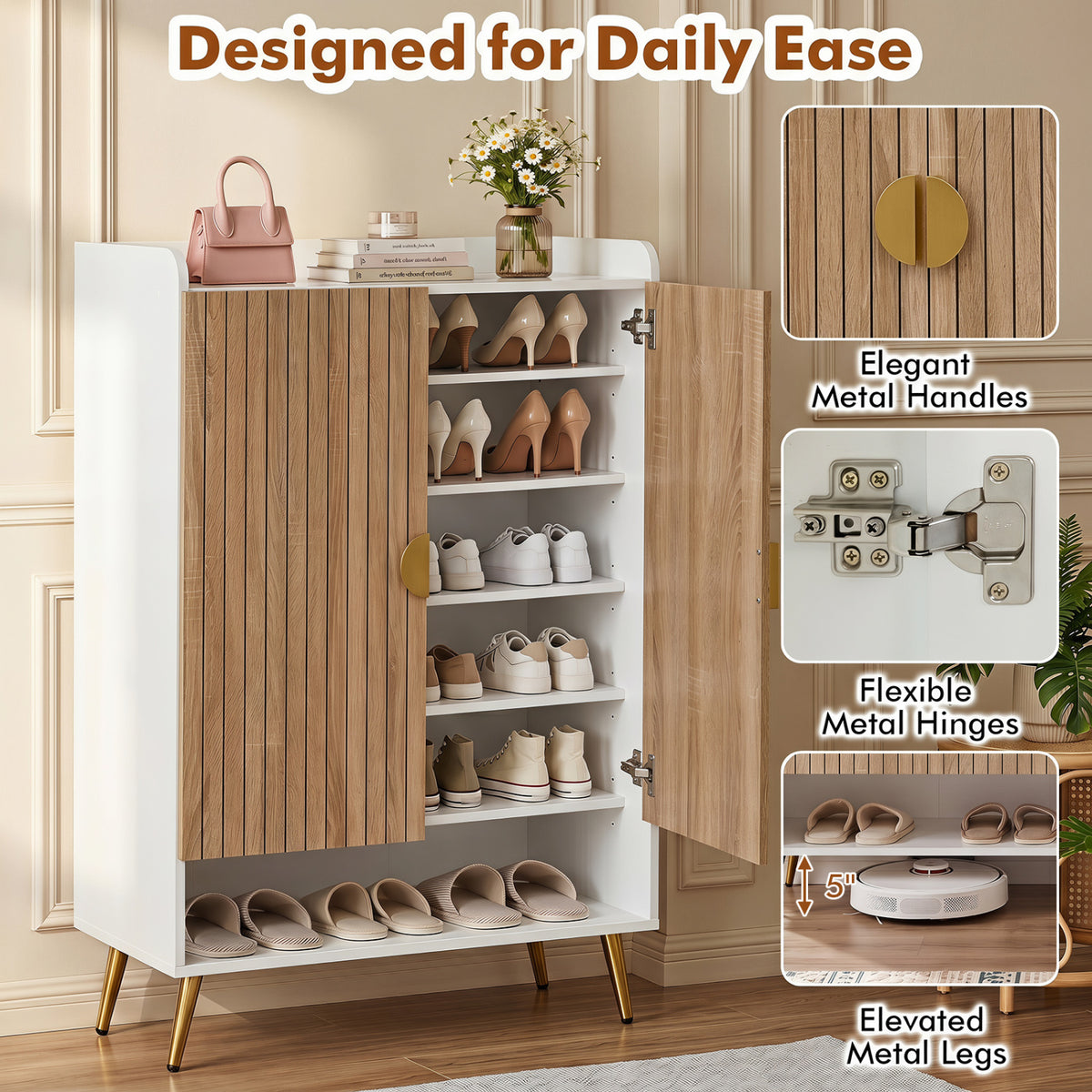 44 inches Tall Shoe Storage Cabinet with 7-Tier Doors and Adjustable Shelves for Entryway-Natural view 9
