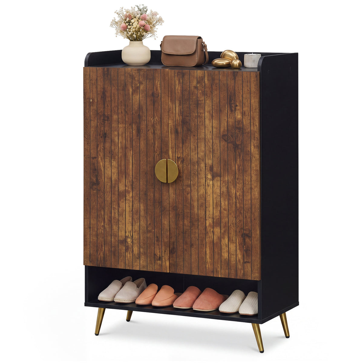 44 inches Tall Shoe Storage Cabinet with 7-Tier Doors and Adjustable Shelves for Entryway-Rustic Brown
