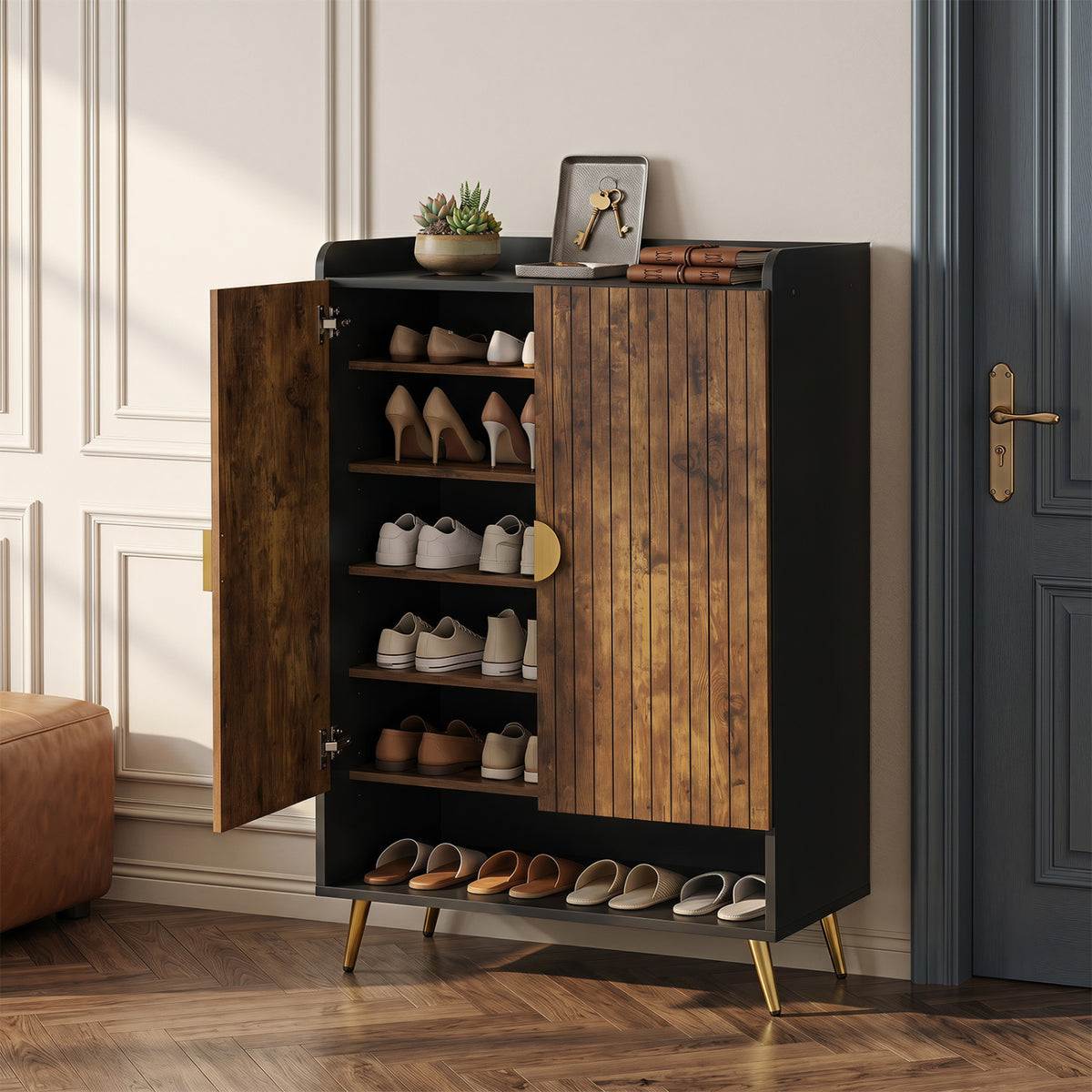 44 inches Tall Shoe Storage Cabinet with 7-Tier Doors and Adjustable Shelves for Entryway-Rustic Brown view 3