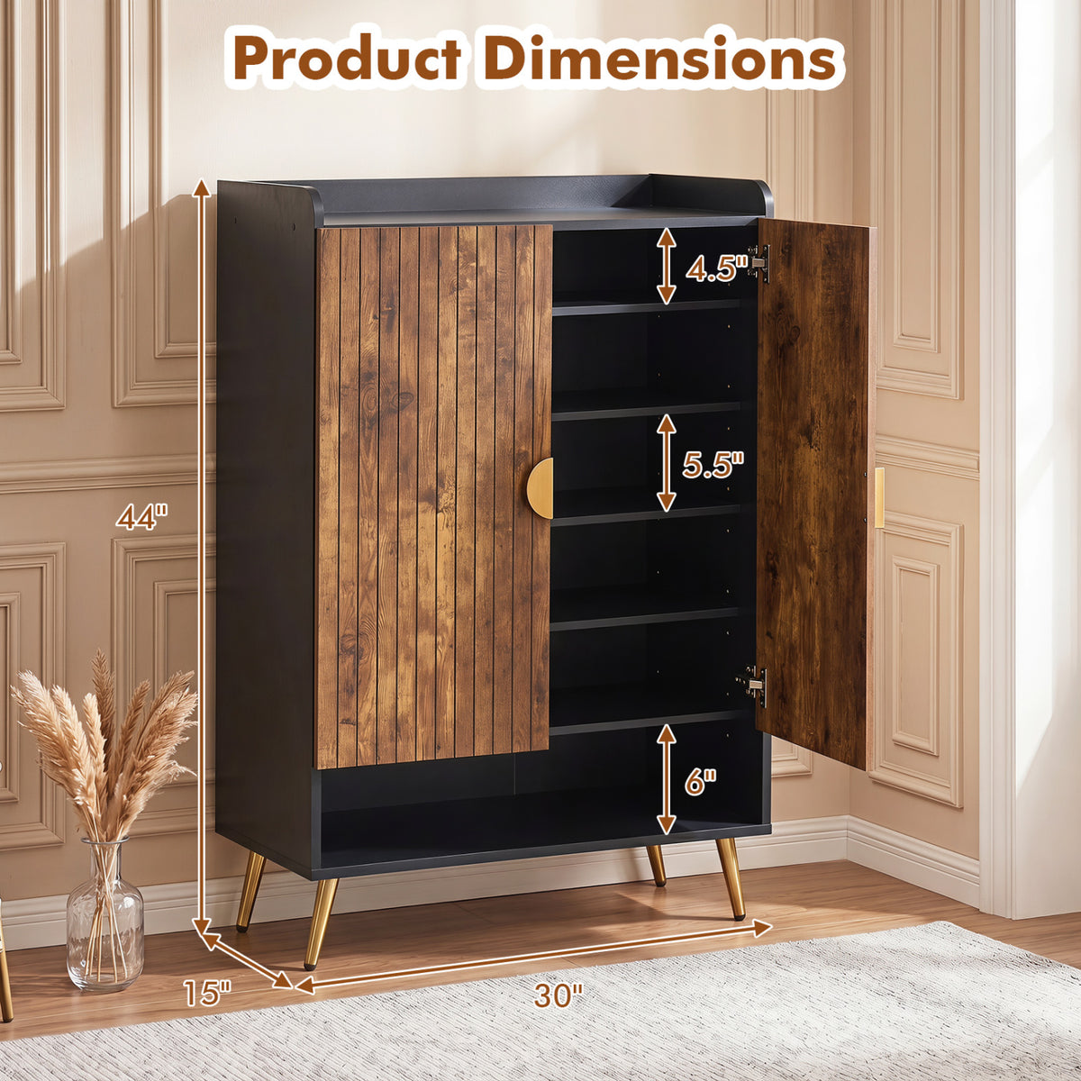 44 inches Tall Shoe Storage Cabinet with 7-Tier Doors and Adjustable Shelves for Entryway-Rustic Brown view 5