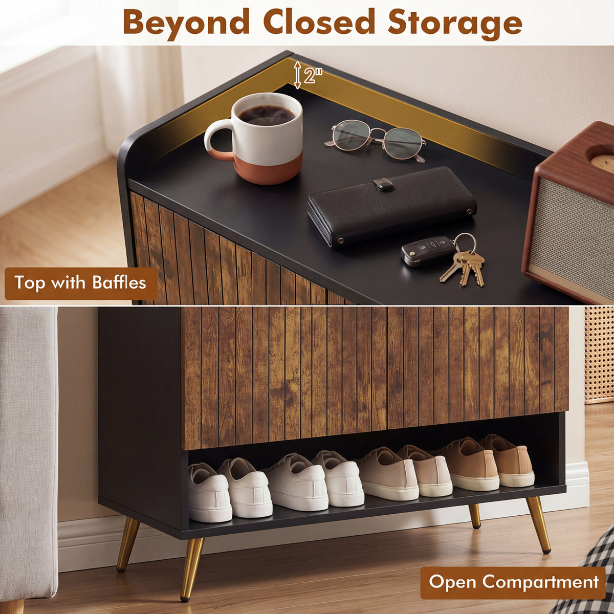 44 inches Tall Shoe Storage Cabinet with 7-Tier Doors and Adjustable Shelves for Entryway-Rustic Brown view 7