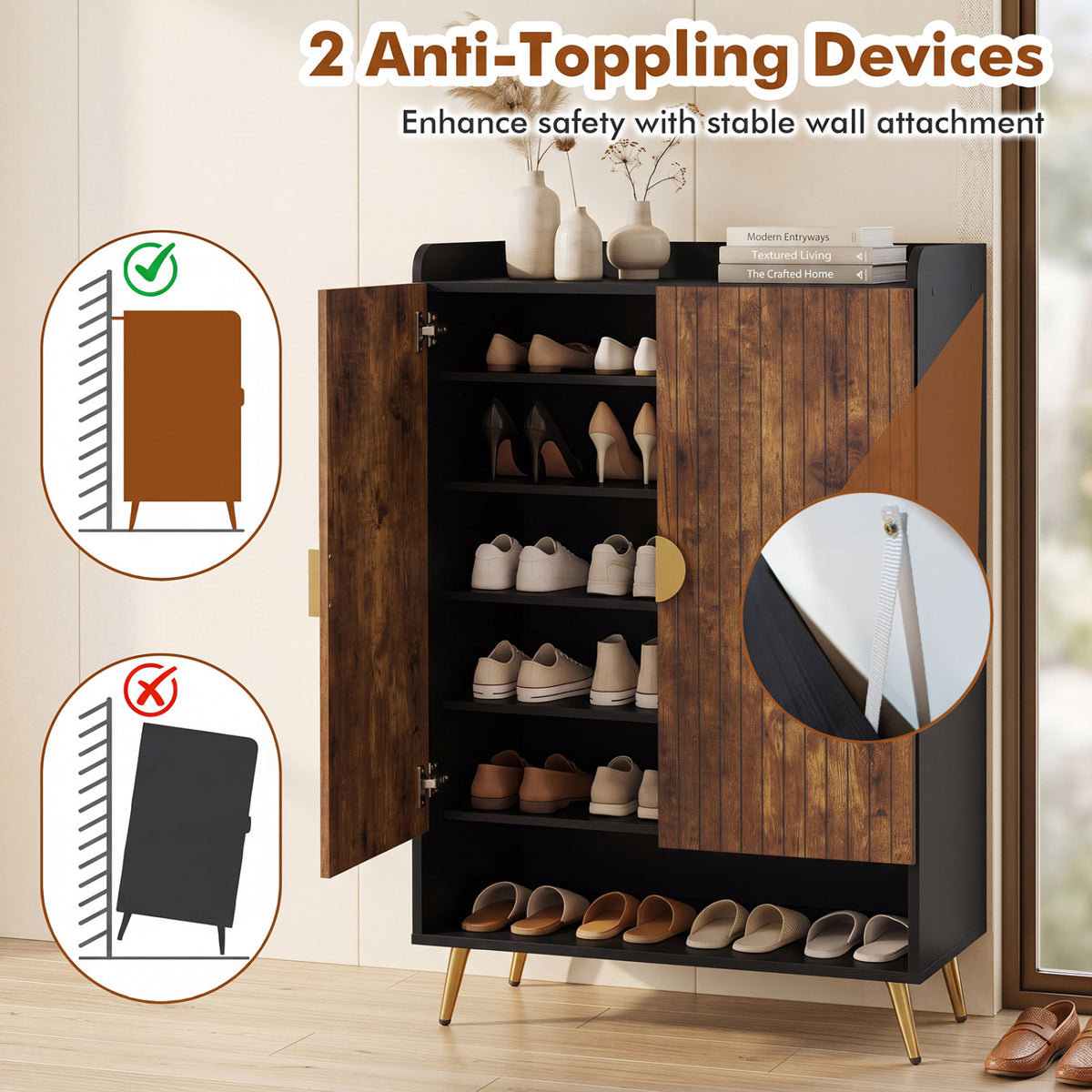 44 inches Tall Shoe Storage Cabinet with 7-Tier Doors and Adjustable Shelves for Entryway-Rustic Brown view 8