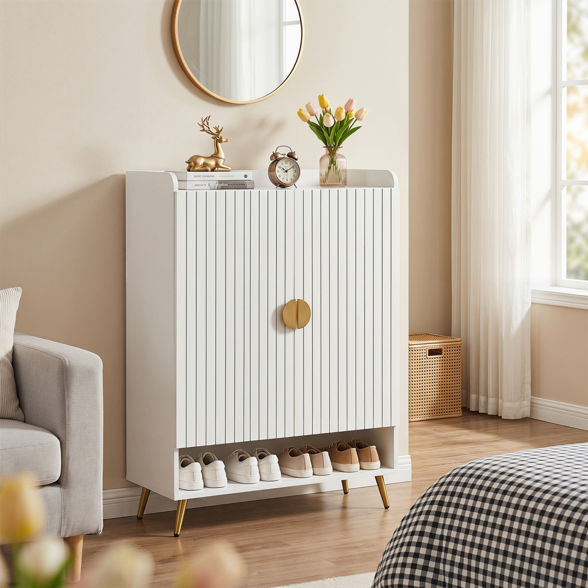 44 inches Tall Shoe Storage Cabinet with 7-Tier Doors and Adjustable Shelves for Entryway-White view 2