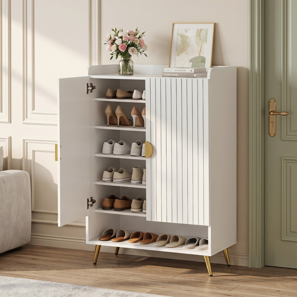 44 inches Tall Shoe Storage Cabinet with 7-Tier Doors and Adjustable Shelves for Entryway-White view 3