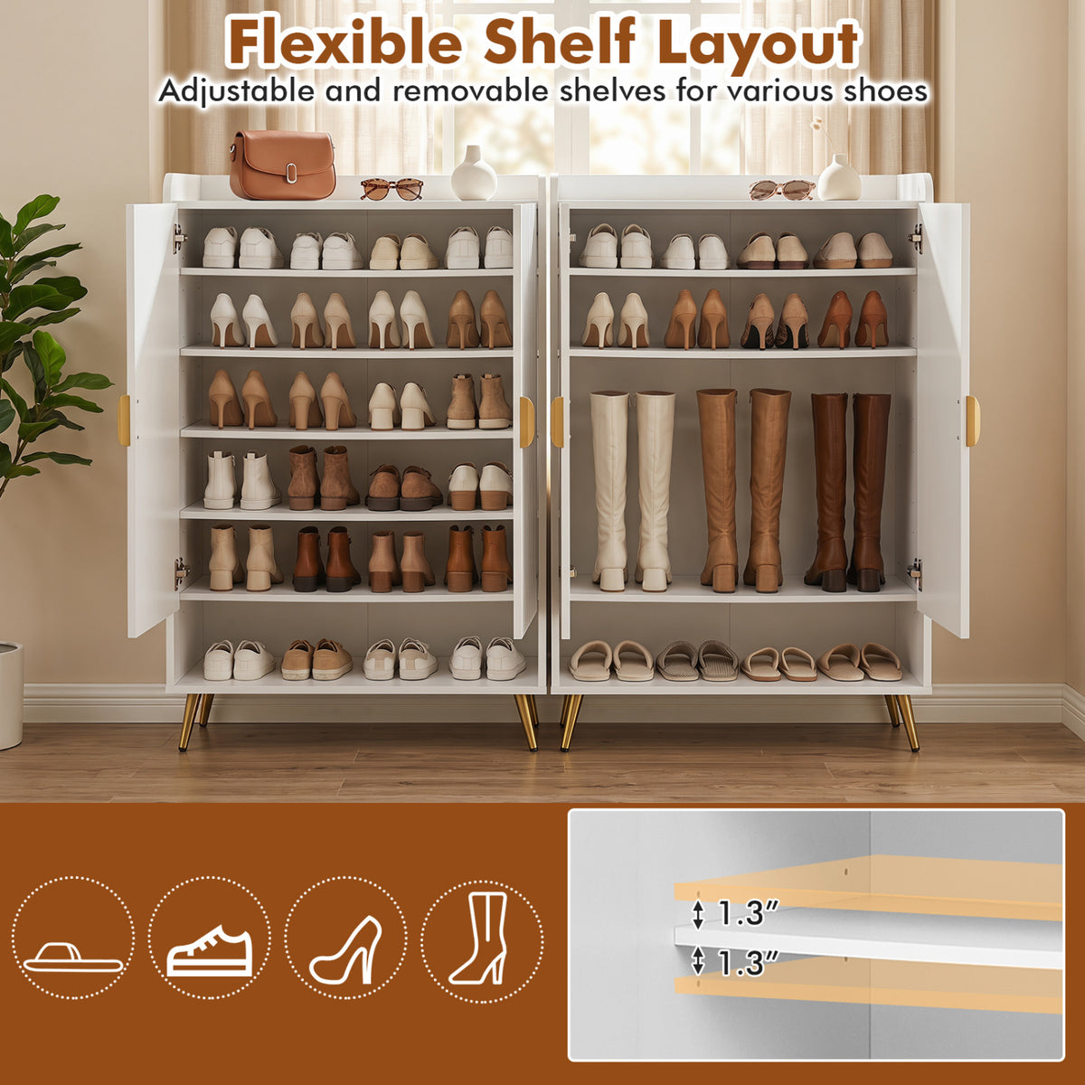 44 inches Tall Shoe Storage Cabinet with 7-Tier Doors and Adjustable Shelves for Entryway-White view 6
