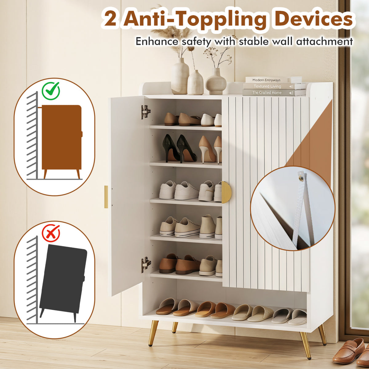 44 inches Tall Shoe Storage Cabinet with 7-Tier Doors and Adjustable Shelves for Entryway-White view 8