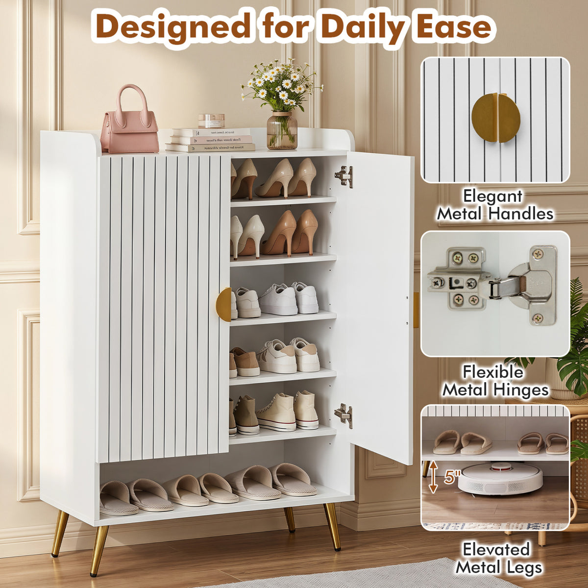 44 inches Tall Shoe Storage Cabinet with 7-Tier Doors and Adjustable Shelves for Entryway-White view 9