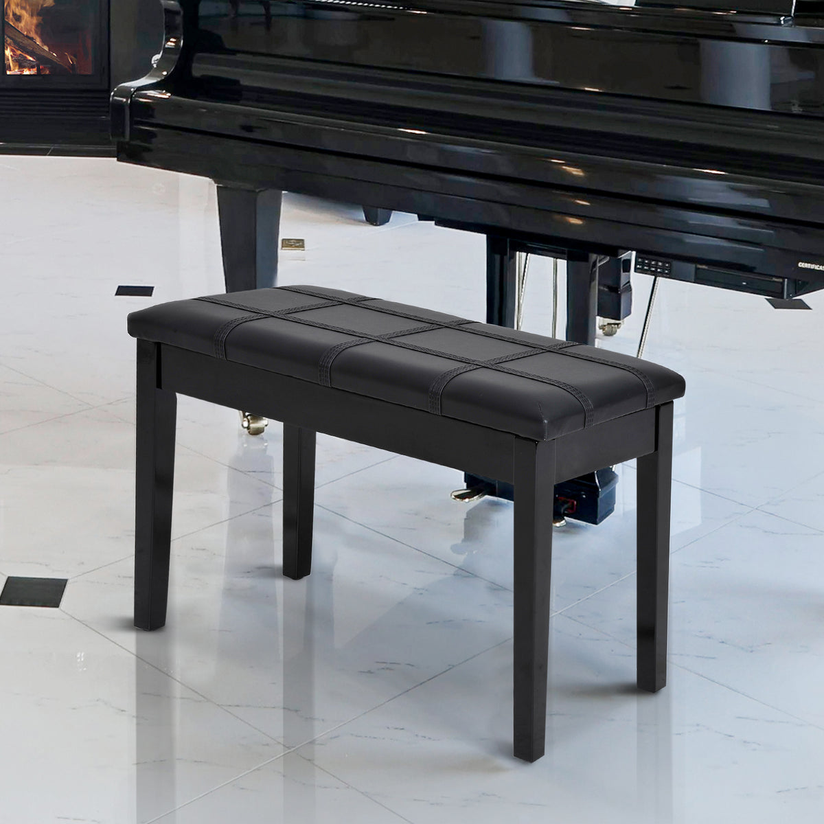 Classic Piano Bench Stool, PU Leather Padded Keyboard Seat with Rubber Wood Legs and Music Storage Compartment, Banded Seat, Black