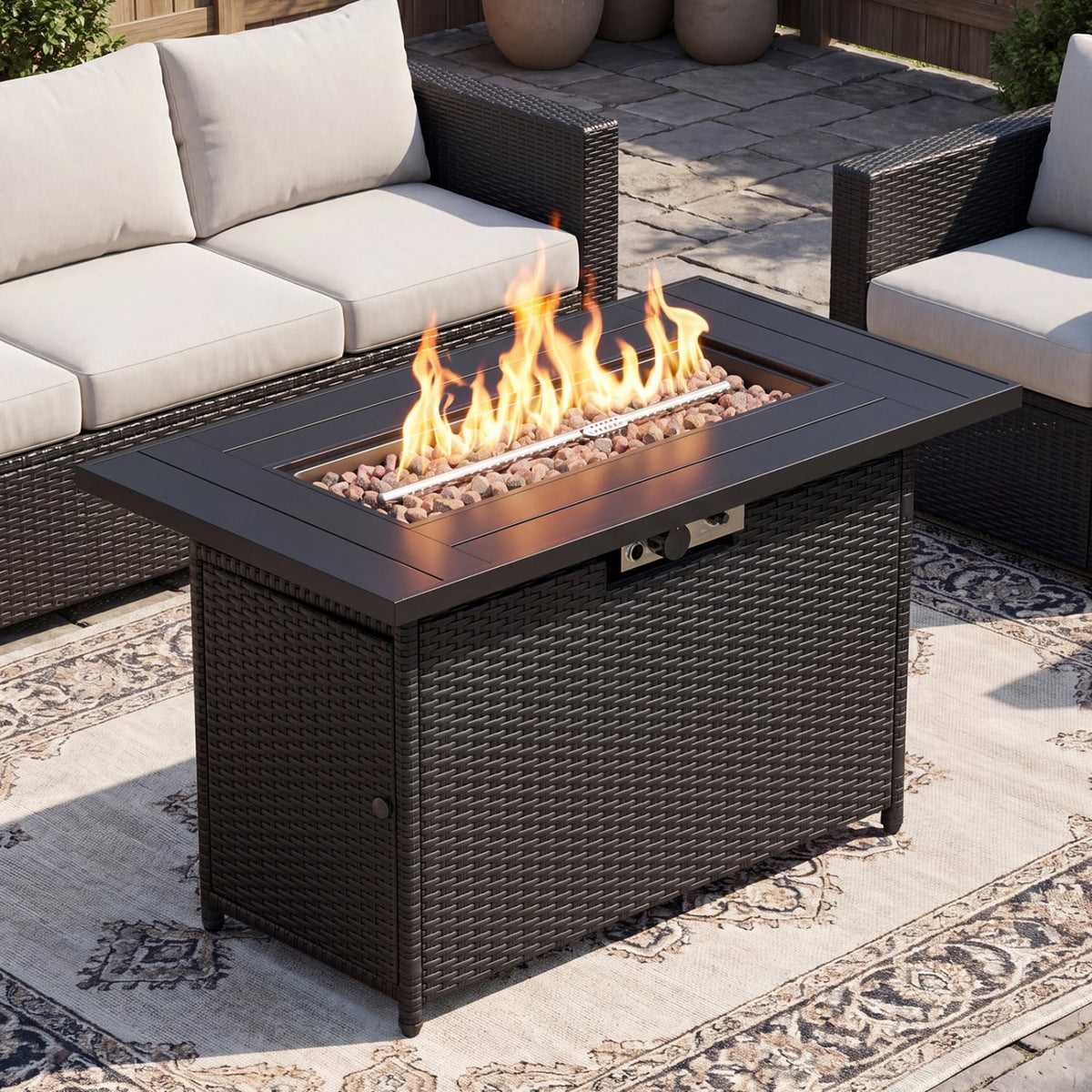 44.5 Inch Propane Fire Pit Table Rattan Gas 2-in-1 with Stainless Steel Burner-Black & Gray view 3