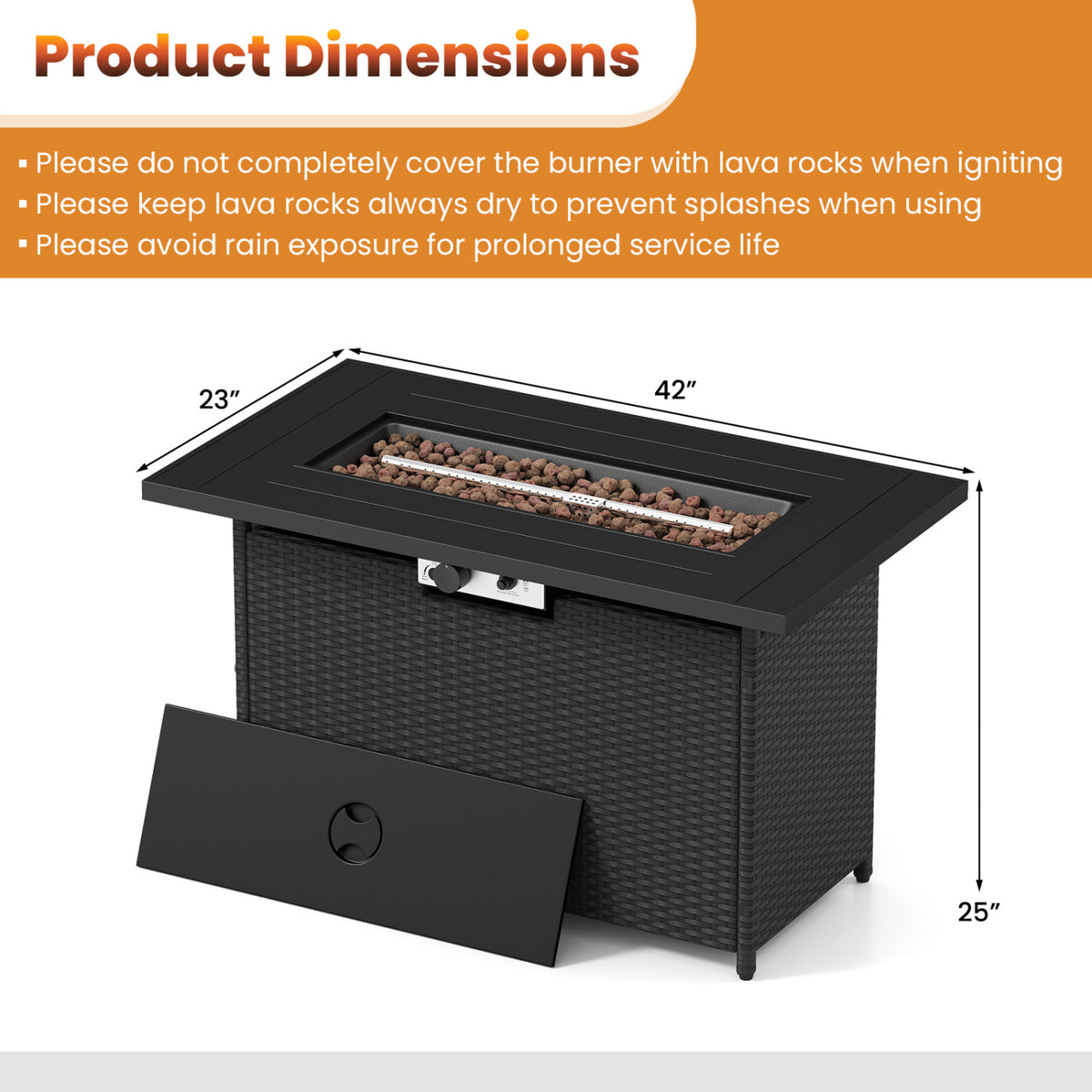 44.5 Inch Propane Fire Pit Table Rattan Gas 2-in-1 with Stainless Steel Burner-Black & Gray view 5