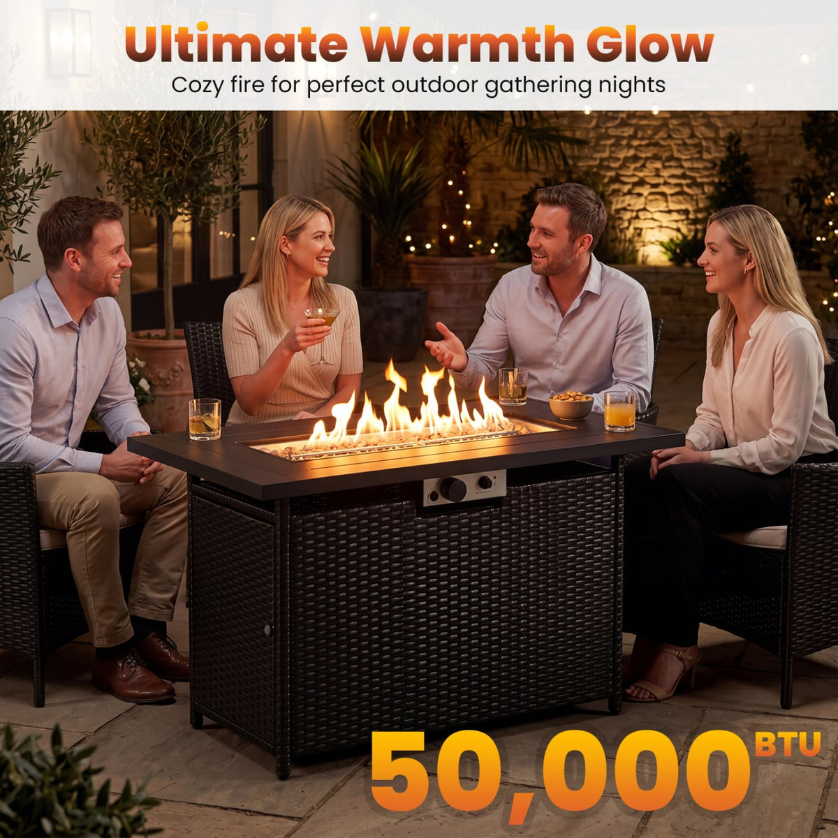44.5 Inch Propane Fire Pit Table Rattan Gas 2-in-1 with Stainless Steel Burner-Black & Gray view 6