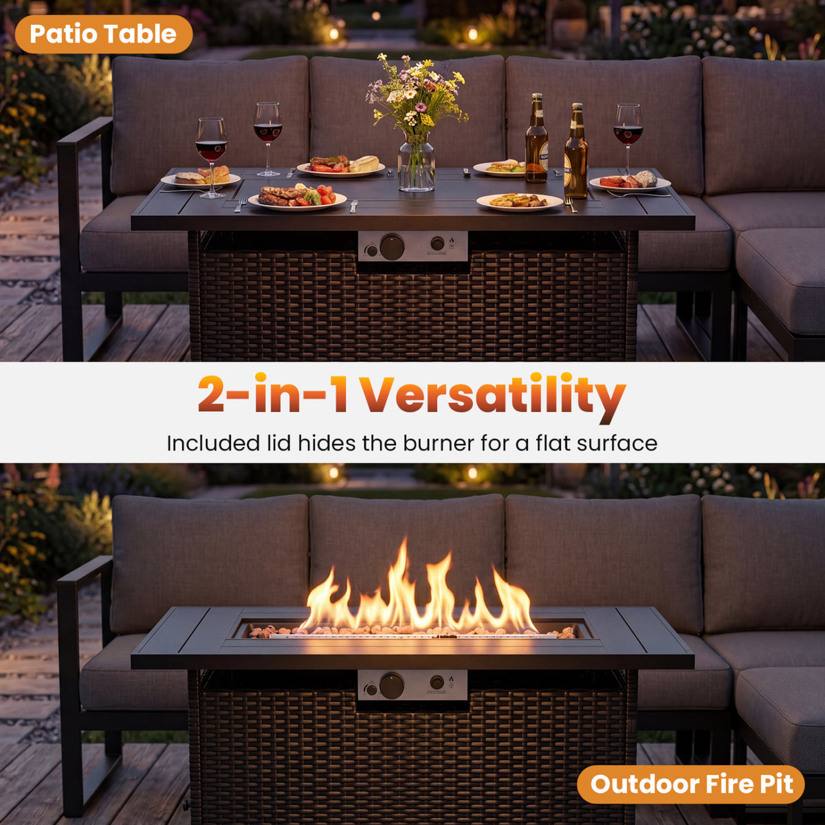44.5 Inch Propane Fire Pit Table Rattan Gas 2-in-1 with Stainless Steel Burner-Black & Gray view 7
