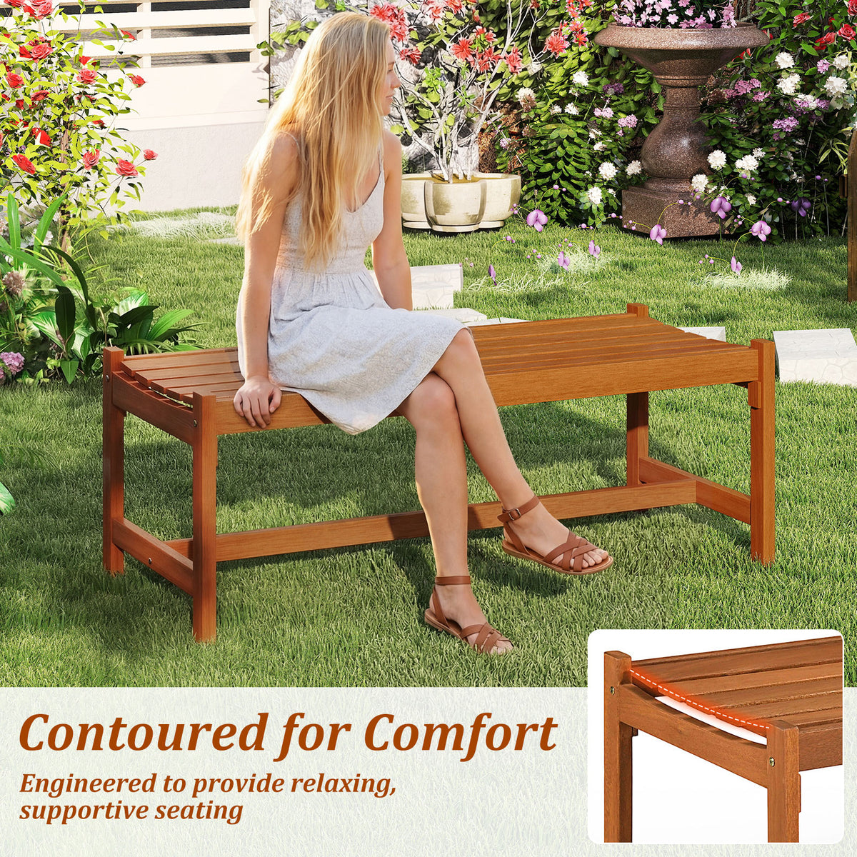 44 inches Patio Wood Bench Set of 1 Outdoor Solid Hardwood Dining Bench with Teak Oil Finish view 8