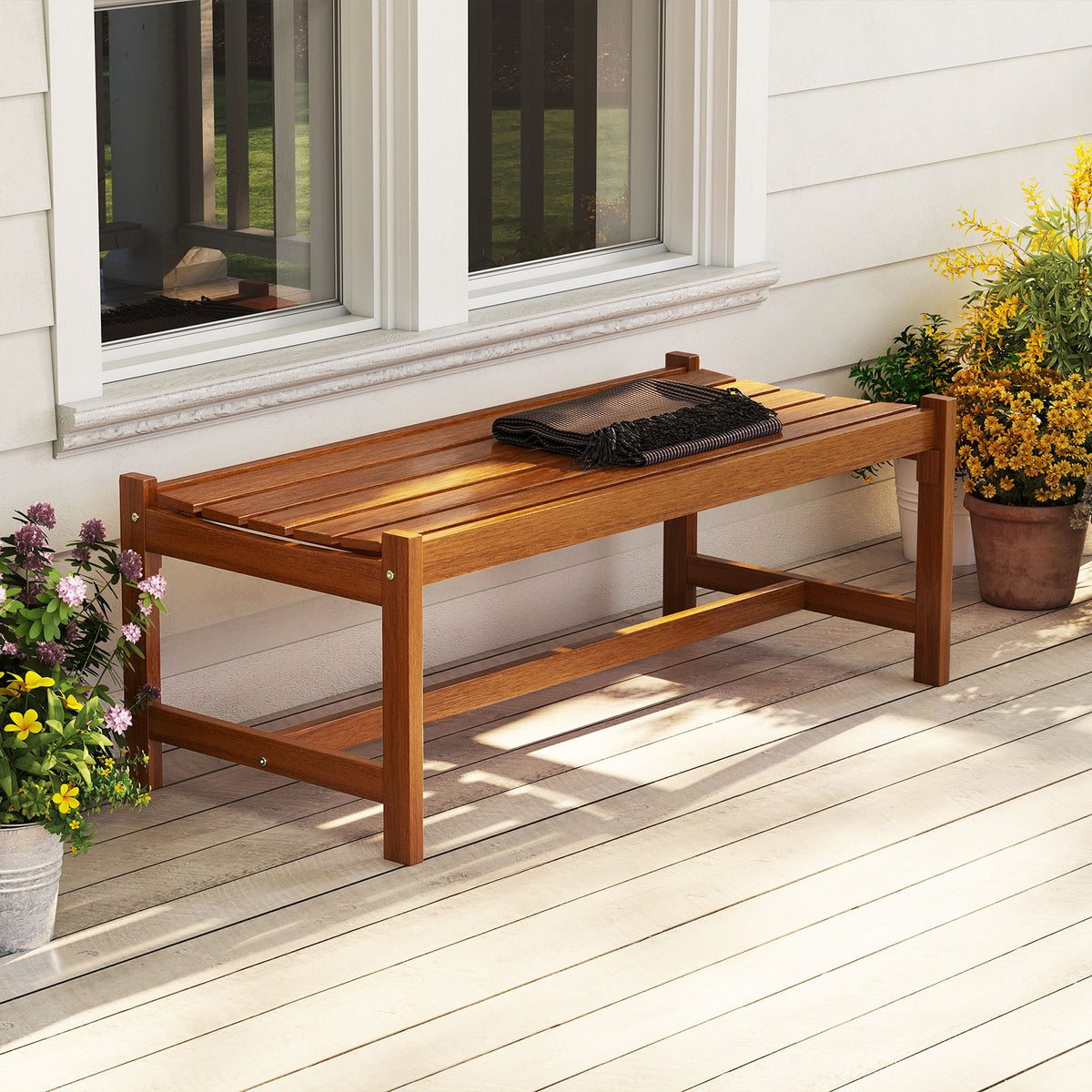 44 inches Patio Wood Bench Set of 2 Outdoor Solid Hardwood Dining Bench with Teak Oil Finish view 4