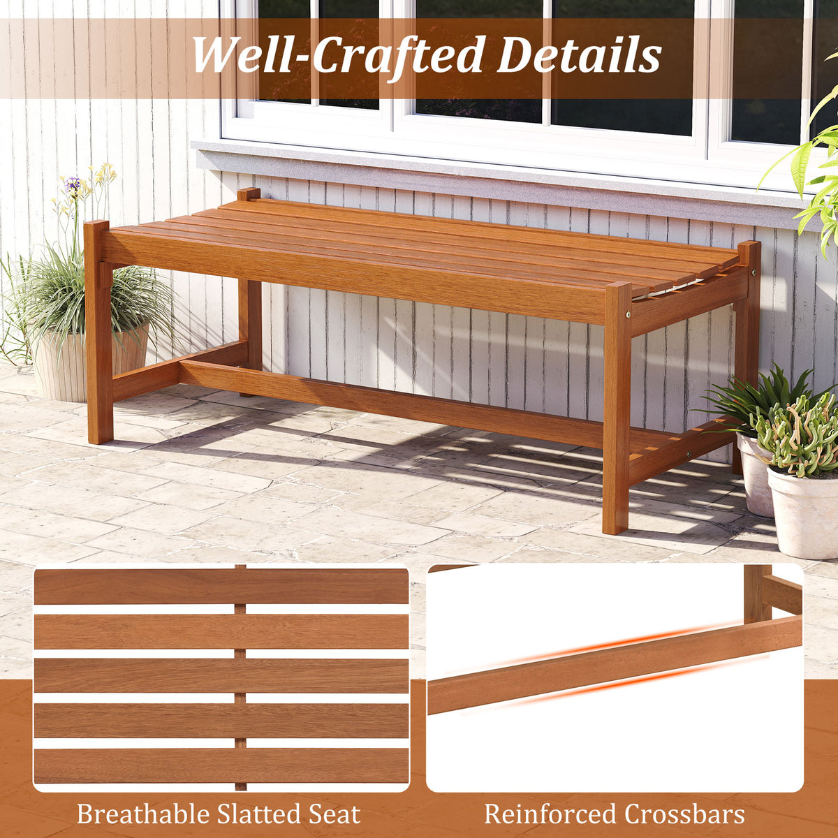 44 inches Patio Wood Bench Set of 2 Outdoor Solid Hardwood Dining Bench with Teak Oil Finish view 9