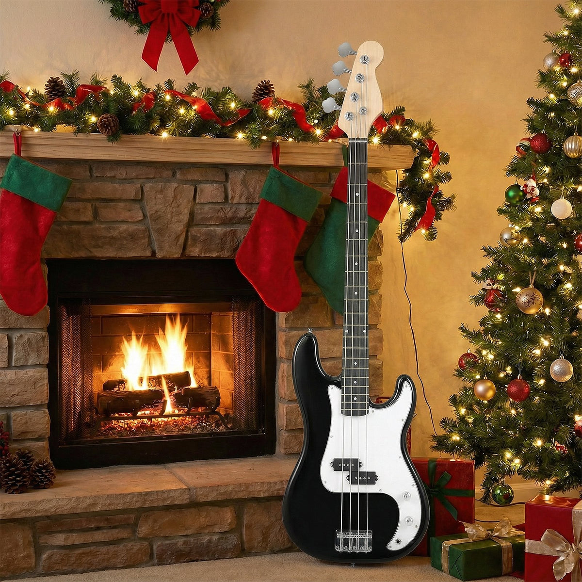 45.5 Inch Electric Bass Guitar with Double Pickups and Gig Bag for Beginners-Black view 3