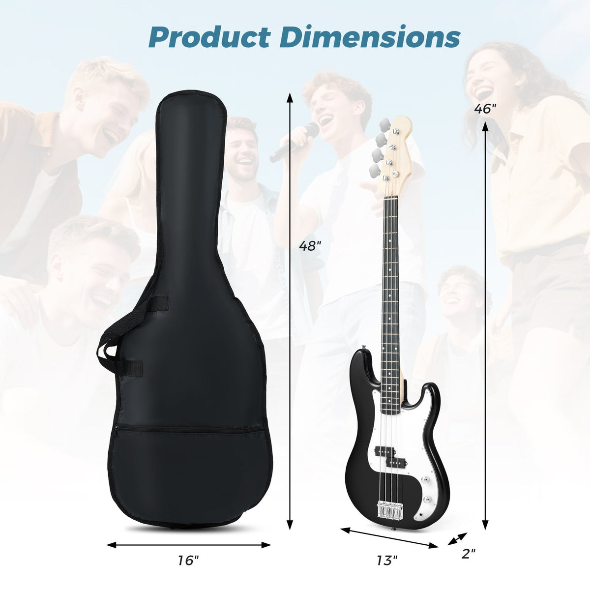 45.5 Inch Electric Bass Guitar with Double Pickups and Gig Bag for Beginners-Black view 4