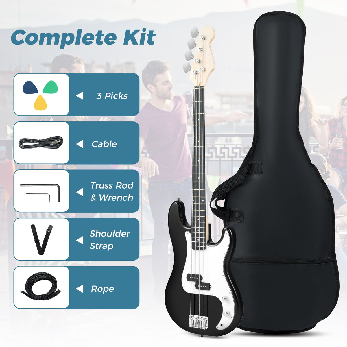 45.5 Inch Electric Bass Guitar with Double Pickups and Gig Bag for Beginners-Black view 9