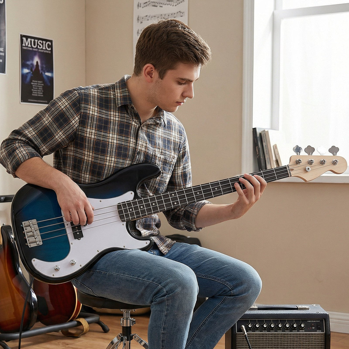45.5 Inch Electric Bass Guitar with Double Pickups and Gig Bag for Beginners-Blue view 2