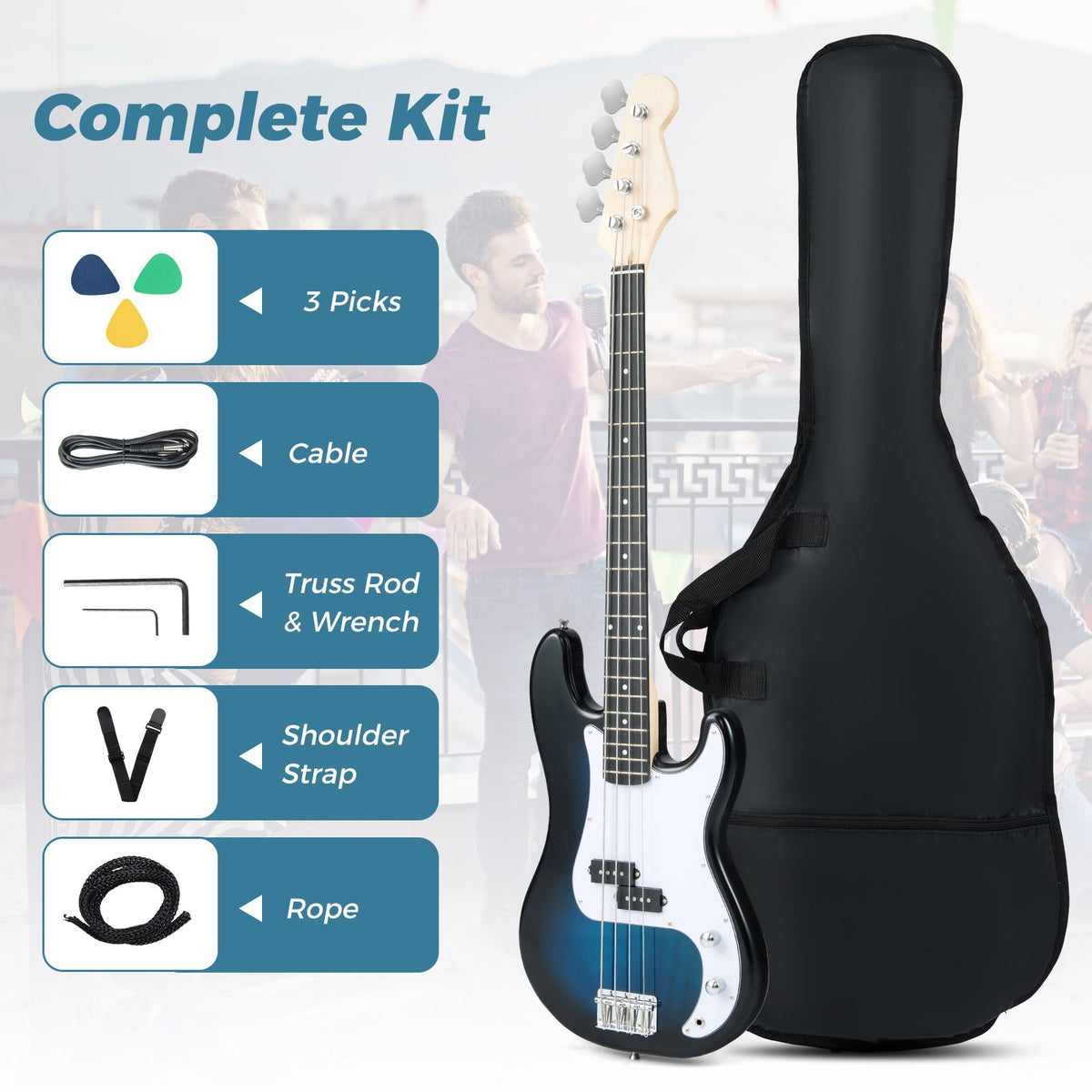 45.5 Inch Electric Bass Guitar with Double Pickups and Gig Bag for Beginners-Blue view 9