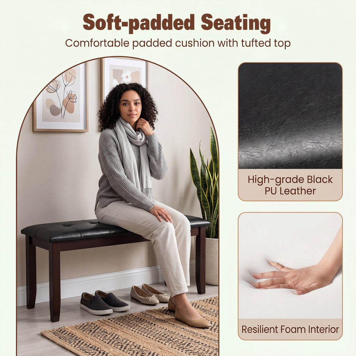45.5 inches PU Leather Upholstered Bench with Soft Padded Seat and Strong Rubber Wood Legs-Brown view 6