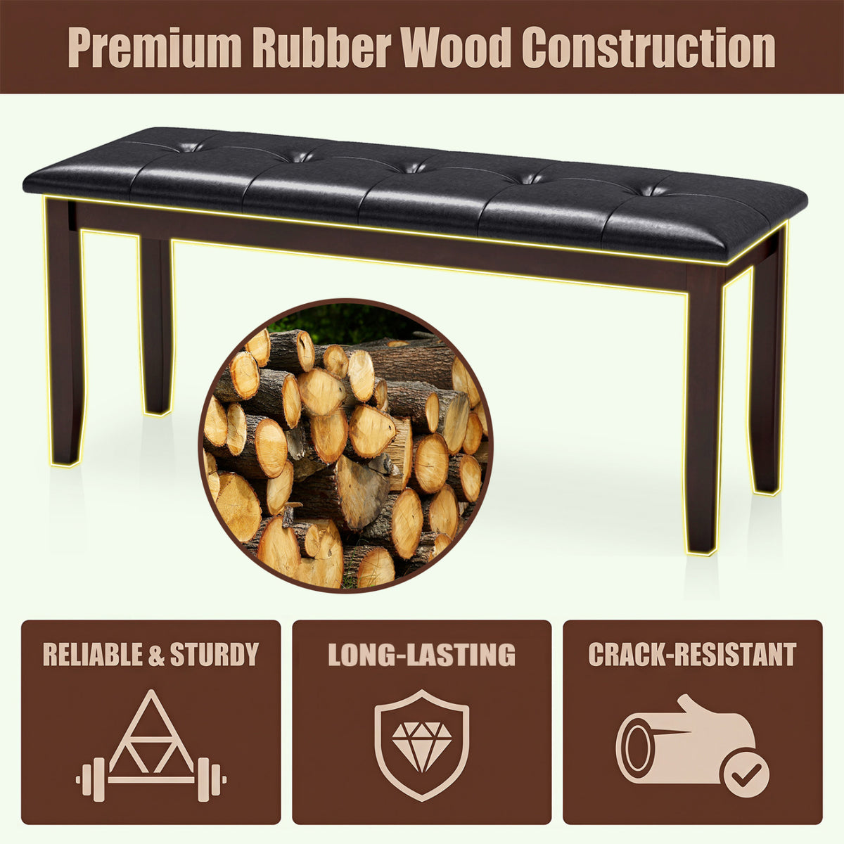 45.5 inches PU Leather Upholstered Bench with Soft Padded Seat and Strong Rubber Wood Legs-Brown view 7
