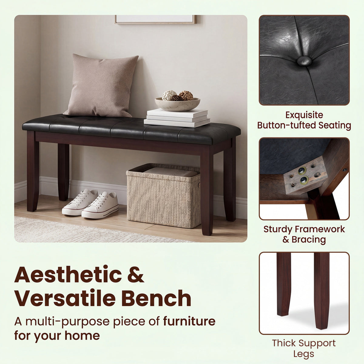 45.5 inches PU Leather Upholstered Bench with Soft Padded Seat and Strong Rubber Wood Legs-Brown view 8