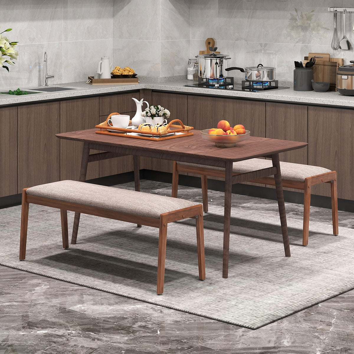 45 Inch Farmhouse Backless Bench with Rubber Wood Legs and Fabric Padded Seat-Beige view 3