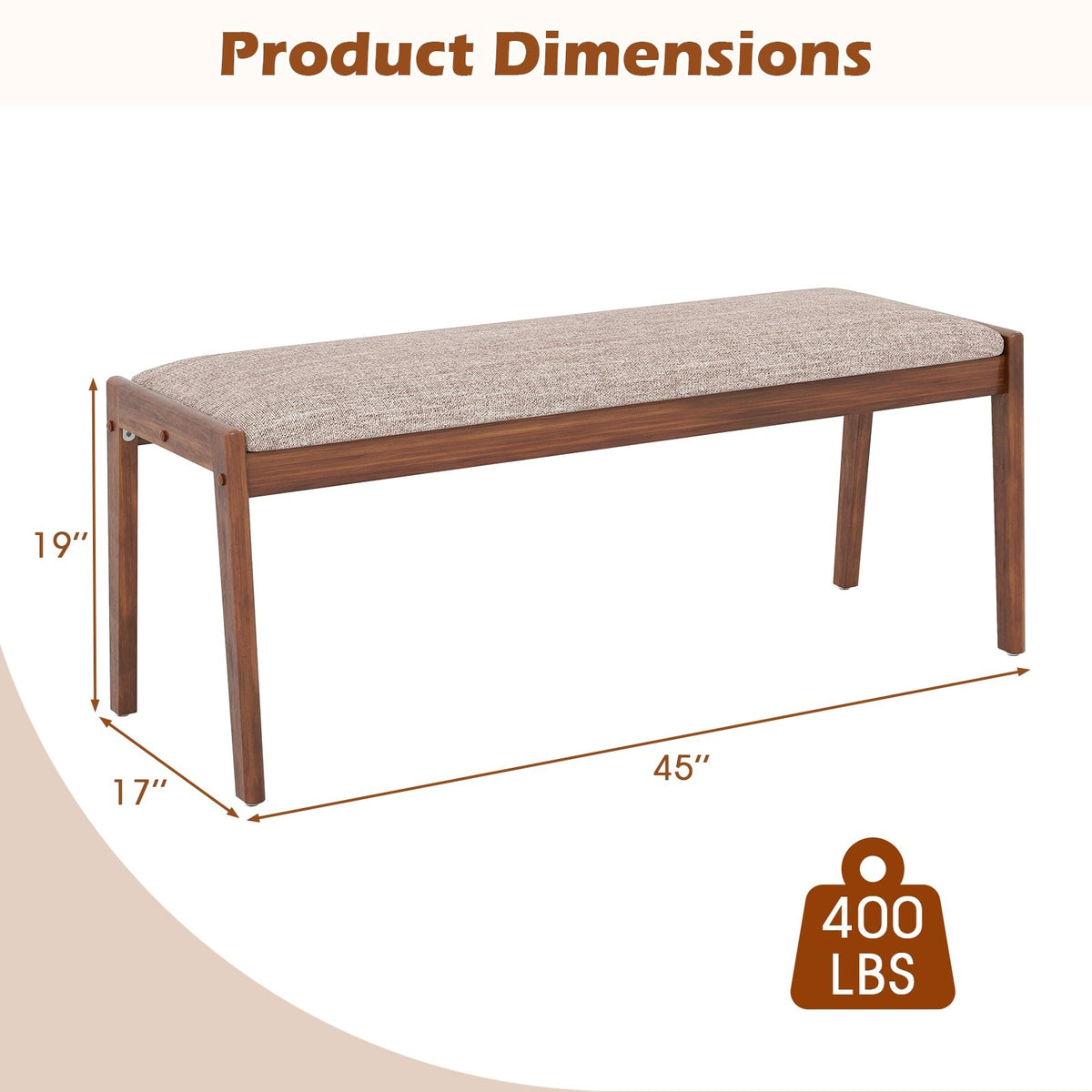 45 Inch Farmhouse Backless Bench with Rubber Wood Legs and Fabric Padded Seat-Beige view 4