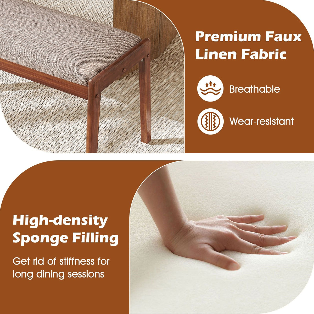 45 Inch Farmhouse Backless Bench with Rubber Wood Legs and Fabric Padded Seat-Beige view 7