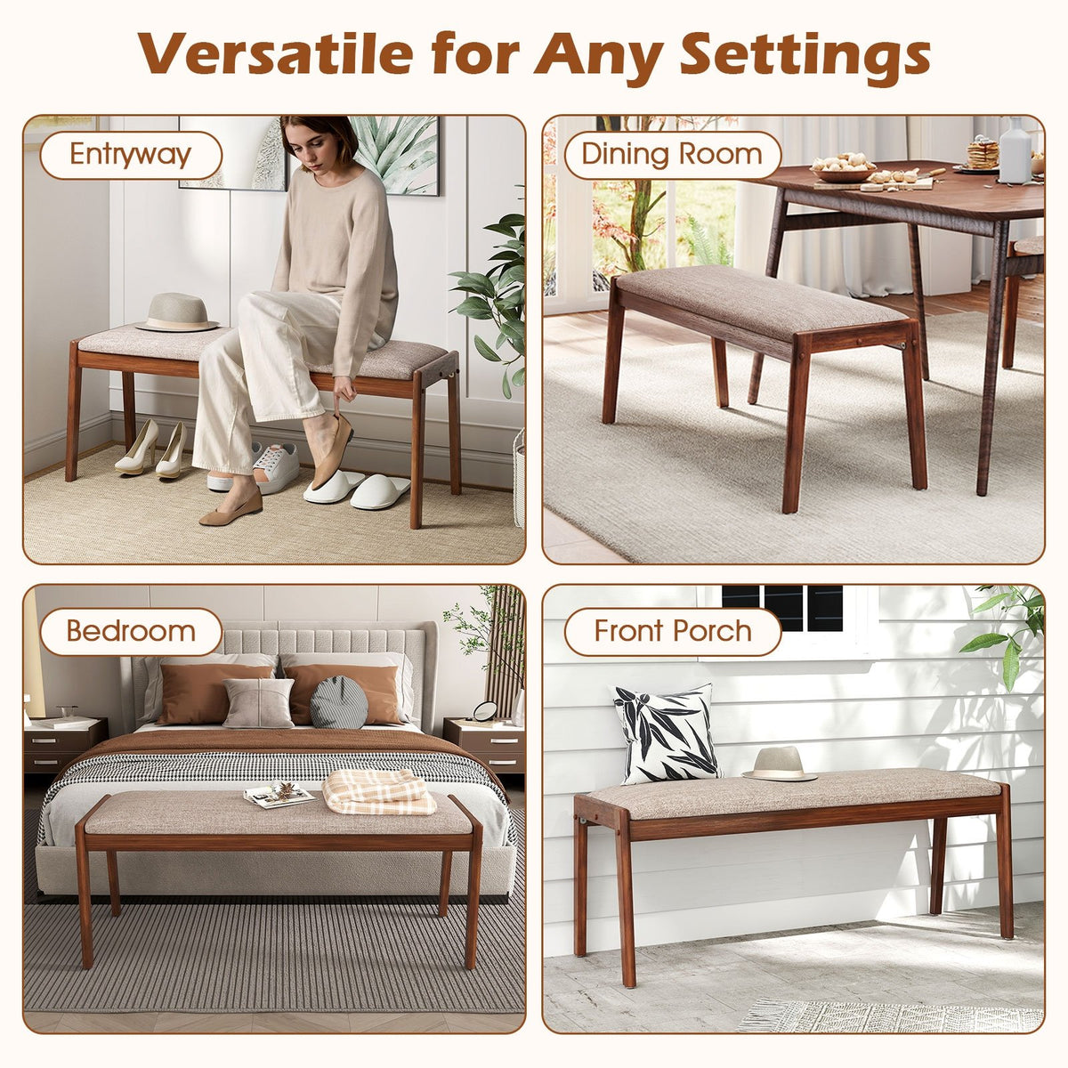 45 Inch Farmhouse Backless Bench with Rubber Wood Legs and Fabric Padded Seat-Beige view 8