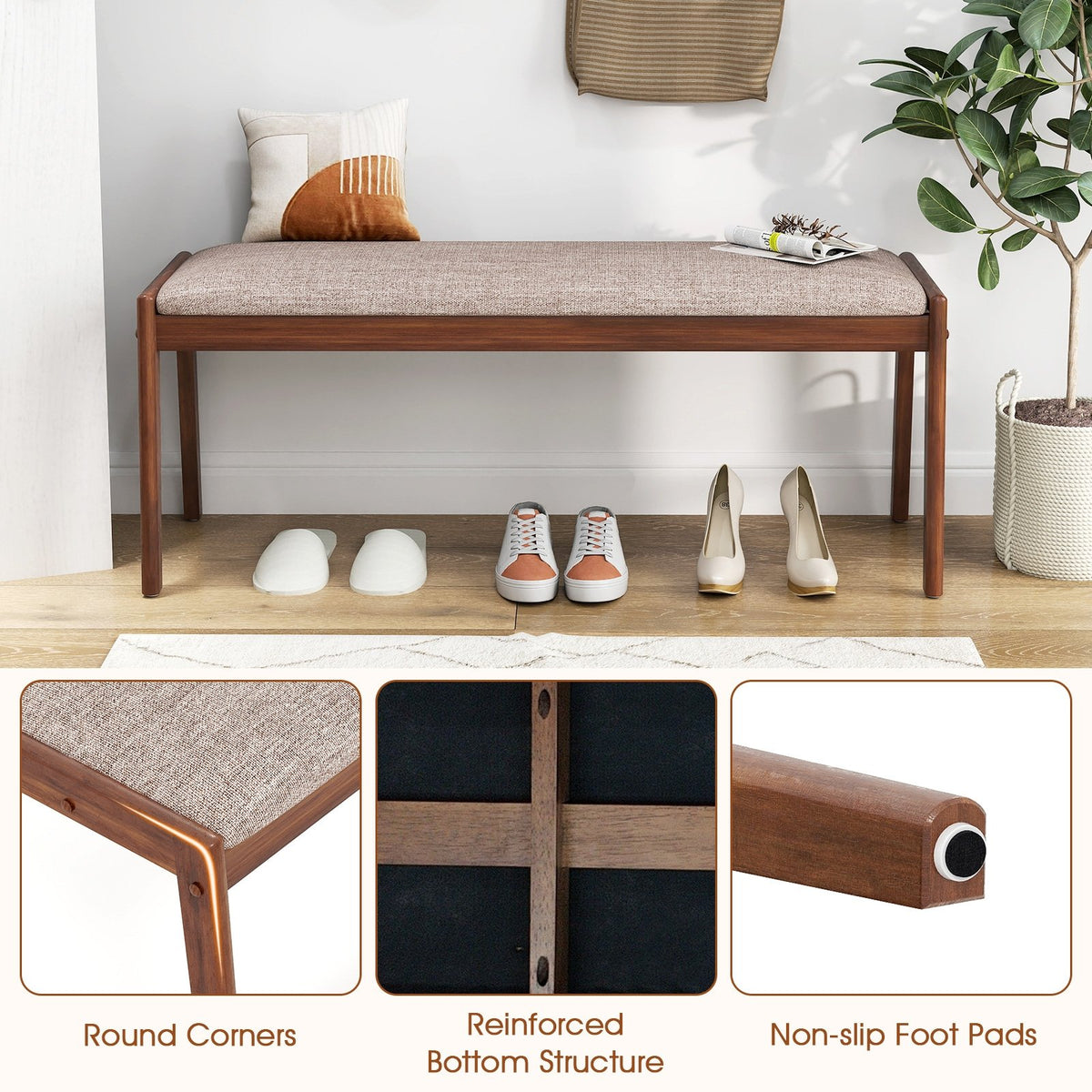 45 Inch Farmhouse Backless Bench with Rubber Wood Legs and Fabric Padded Seat-Beige view 9