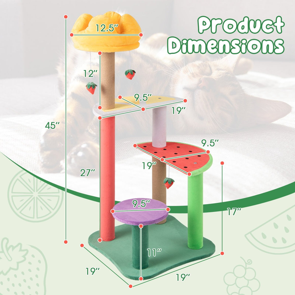 45 Inch Multi-Level Cat Tree with Plush Padded Top Perch and Fruit-Shaped Platforms view 5