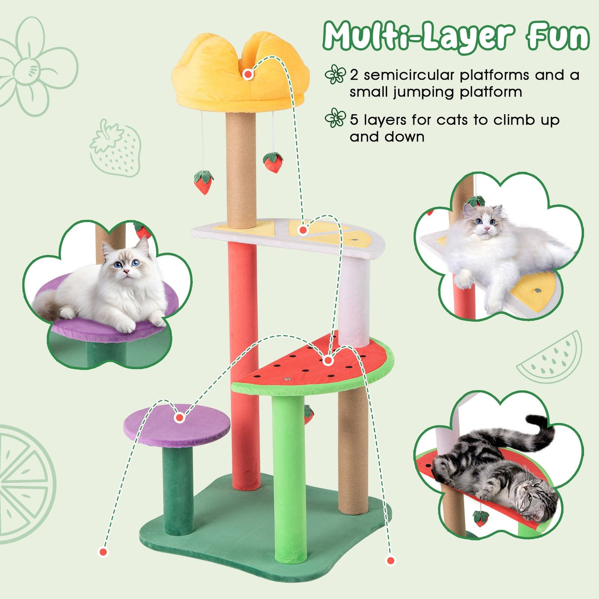 45 Inch Multi-Level Cat Tree with Plush Padded Top Perch and Fruit-Shaped Platforms view 7