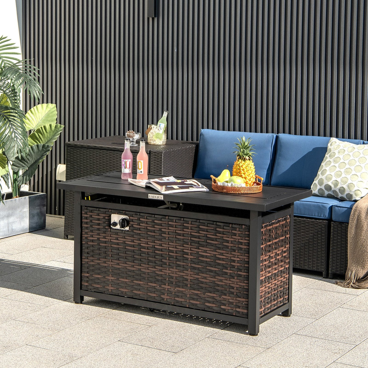 45 Inch Propane Rattan Firepit Table with Glass Stones and Protective Cover-Mixed Brown view 2