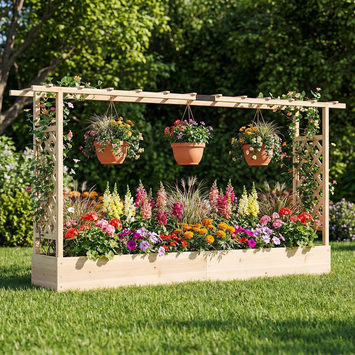 45 Inch Tall Wooden Raised Garden Bed with Side Trellis and Hanging Roof Drainage Holes-Natural view 2