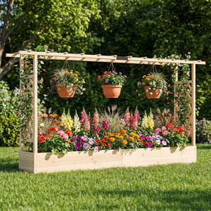 45 Inch Tall Wooden Raised Garden Bed with Side Trellis and Hanging Roof Drainage Holes-Natural view 2