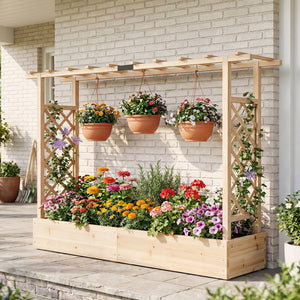 45 Inch Tall Wooden Raised Garden Bed with Side Trellis and Hanging Roof Drainage Holes-Natural view 3