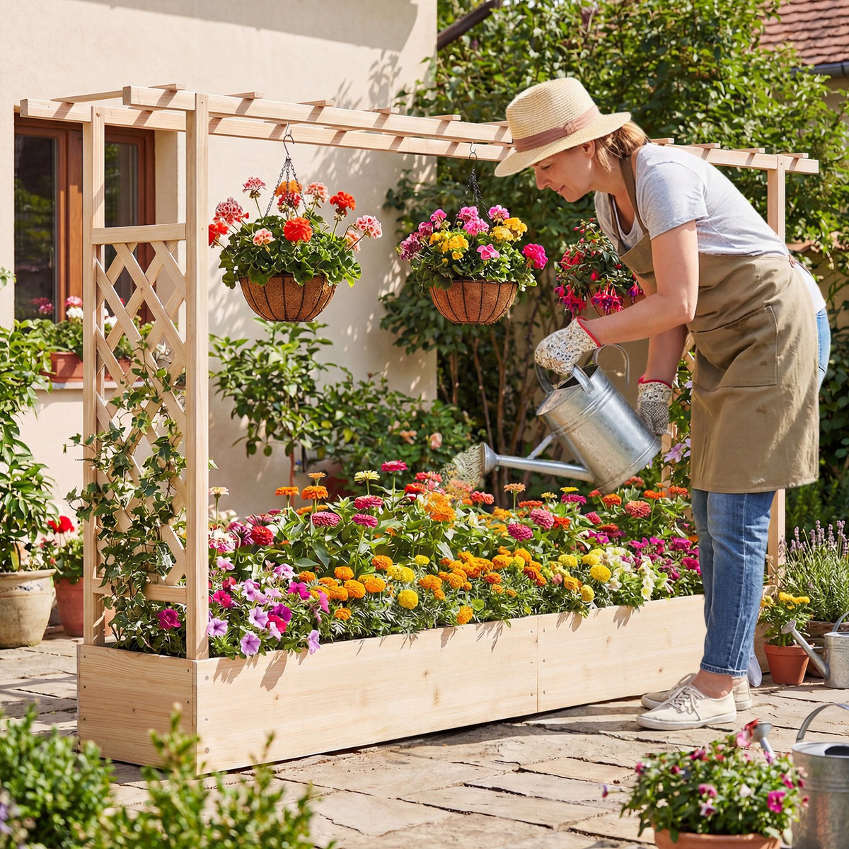 45 Inch Tall Wooden Raised Garden Bed with Side Trellis and Hanging Roof Drainage Holes-Natural view 5