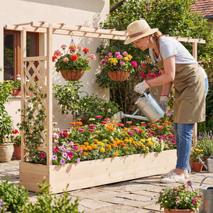 45 Inch Tall Wooden Raised Garden Bed with Side Trellis and Hanging Roof Drainage Holes-Natural view 5
