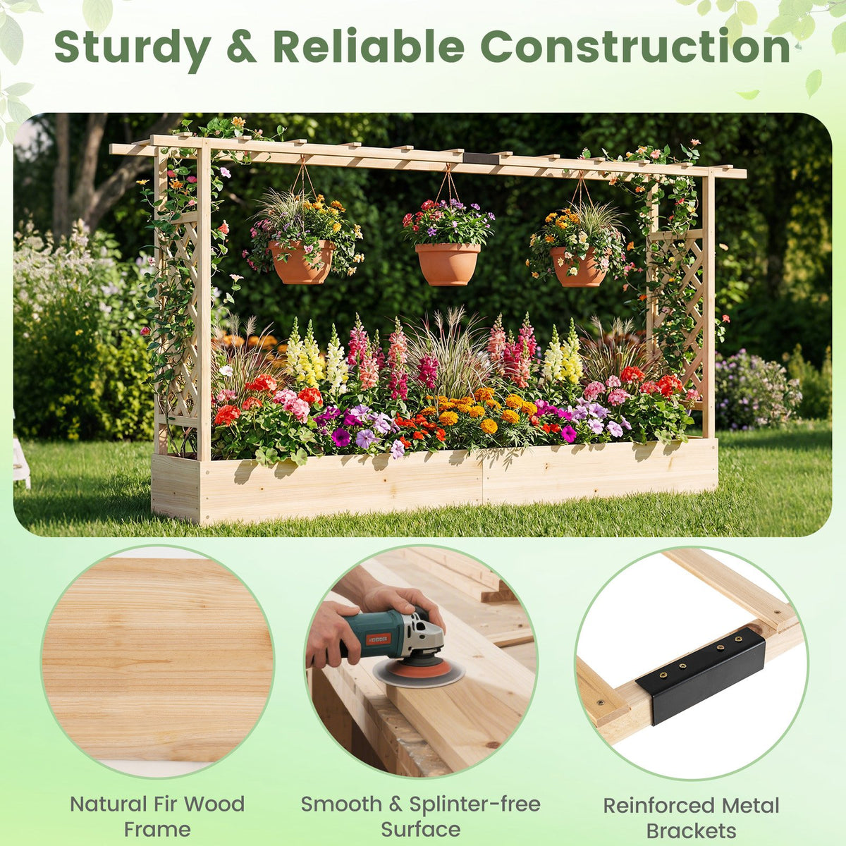 45 Inch Tall Wooden Raised Garden Bed with Side Trellis and Hanging Roof Drainage Holes-Natural view 6