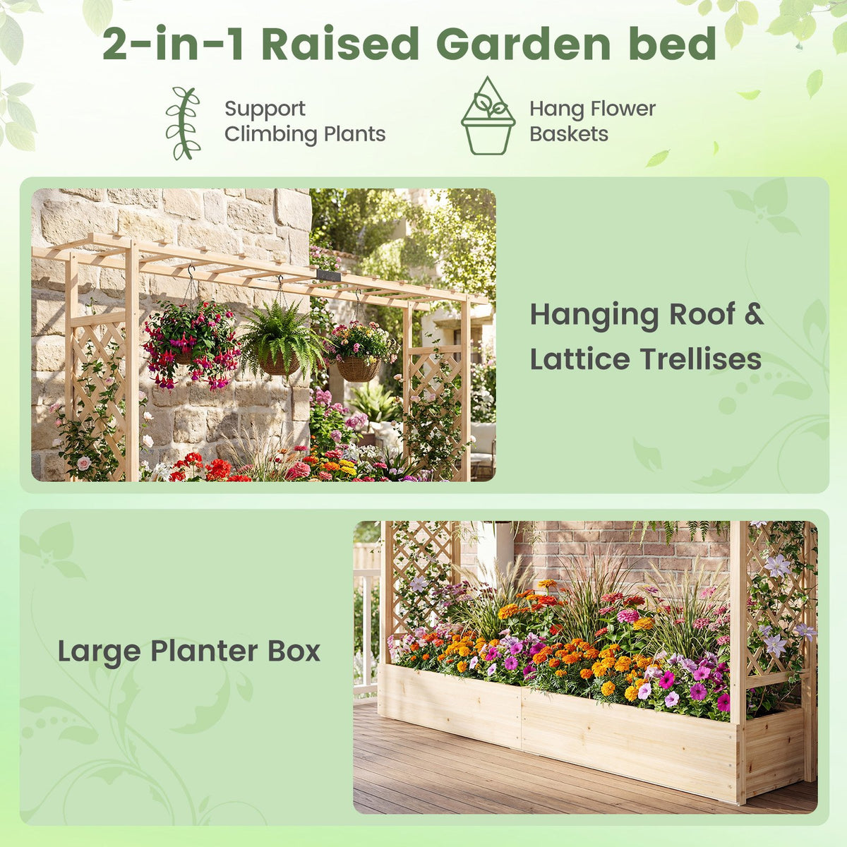 45 Inch Tall Wooden Raised Garden Bed with Side Trellis and Hanging Roof Drainage Holes-Natural view 7