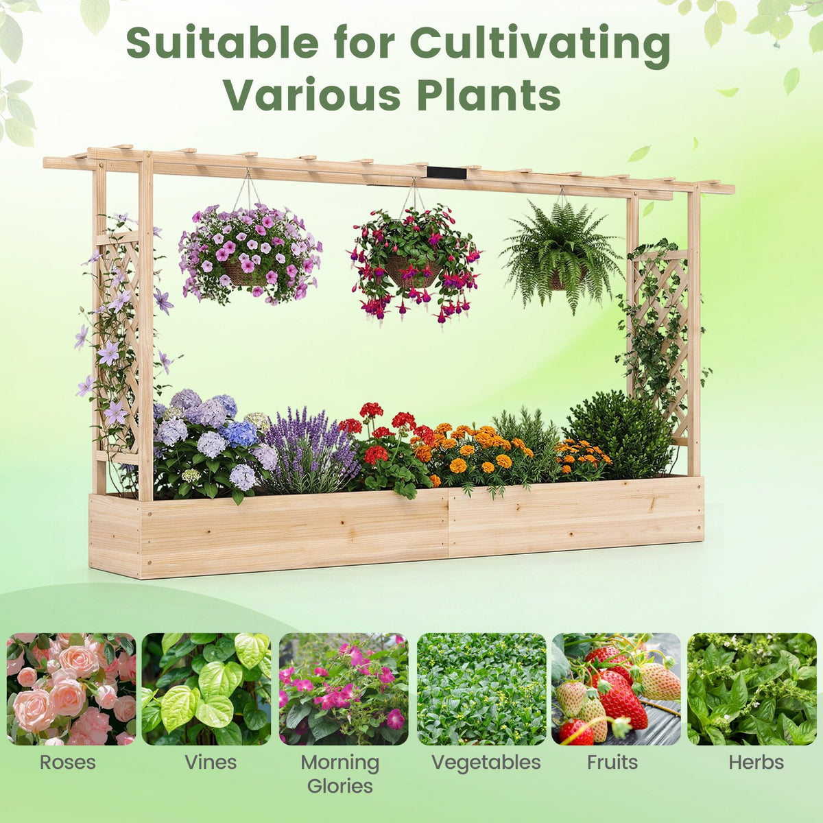 45 Inch Tall Wooden Raised Garden Bed with Side Trellis and Hanging Roof Drainage Holes-Natural view 8