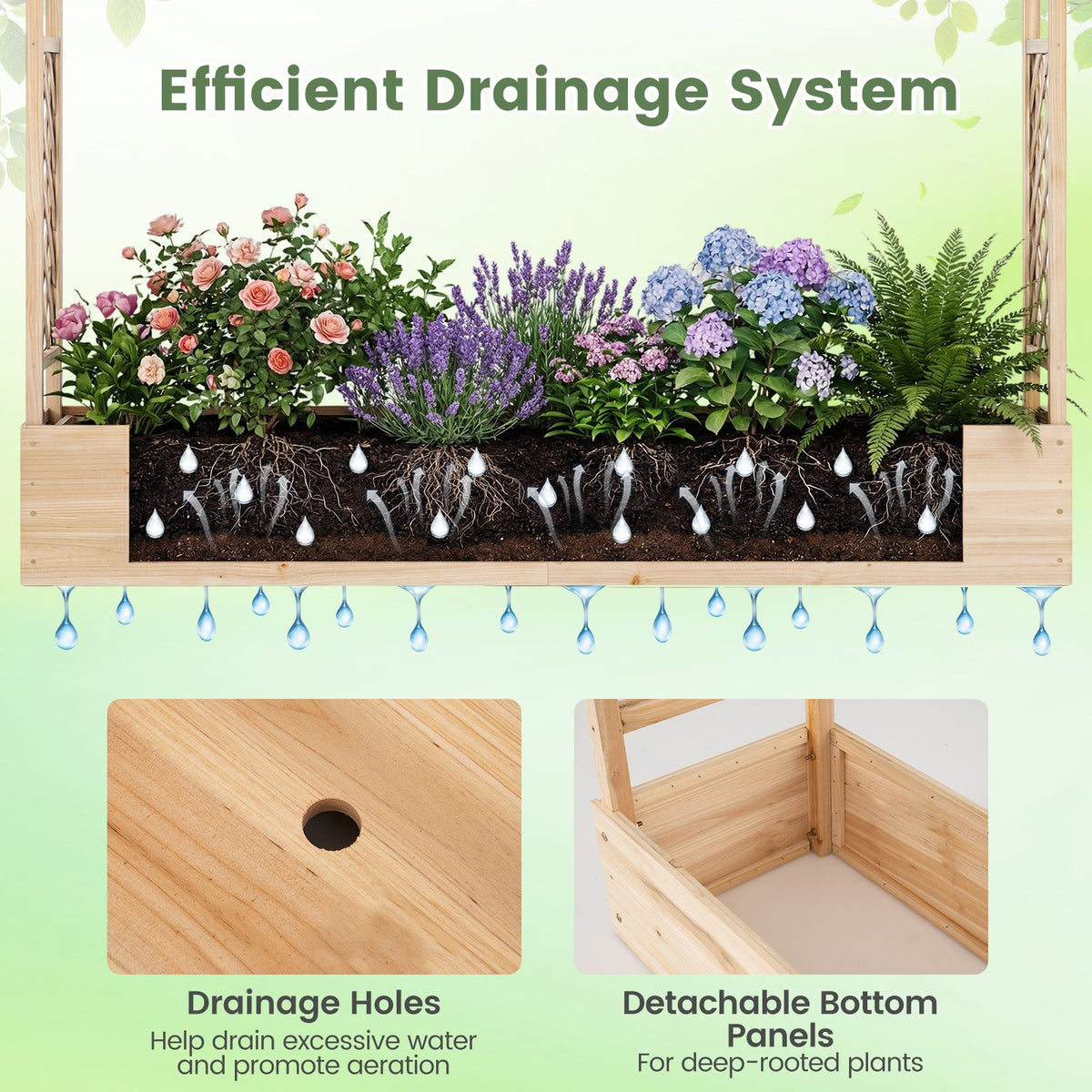 45 Inch Tall Wooden Raised Garden Bed with Side Trellis and Hanging Roof Drainage Holes-Natural view 9