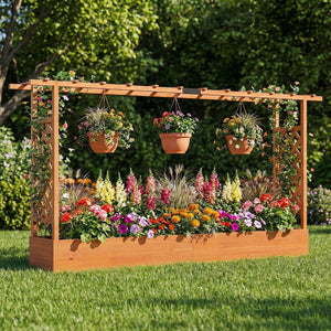 45 Inch Tall Wooden Raised Garden Bed with Side Trellis and Hanging Roof Drainage Holes-Orange view 2
