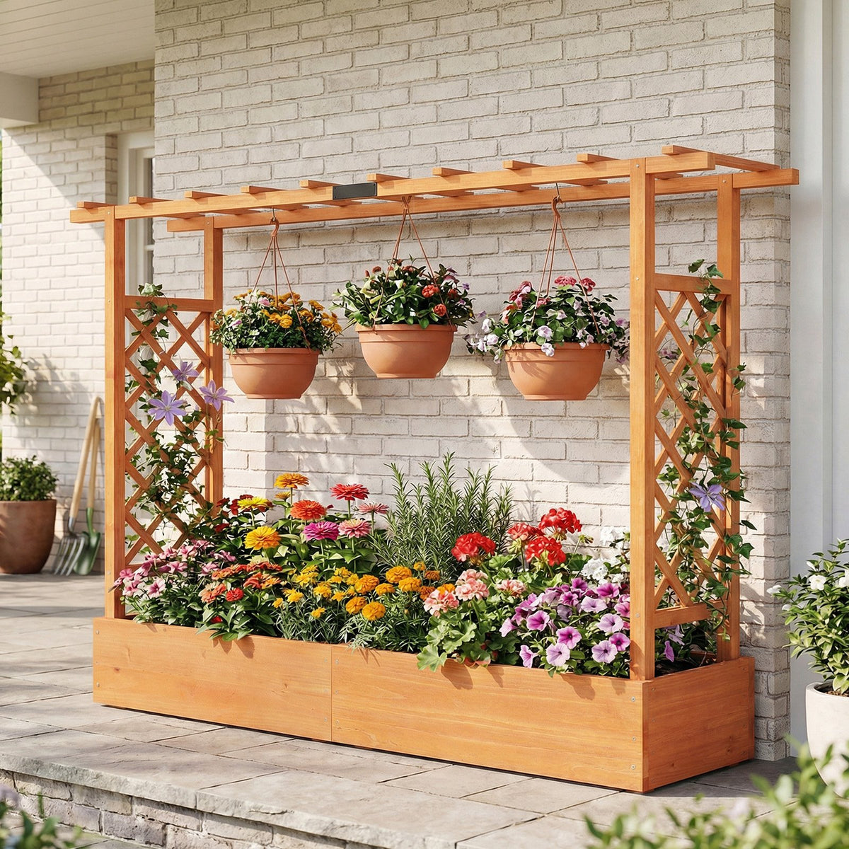 45 Inch Tall Wooden Raised Garden Bed with Side Trellis and Hanging Roof Drainage Holes-Orange view 3