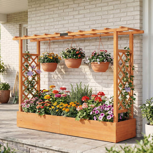 45 Inch Tall Wooden Raised Garden Bed with Side Trellis and Hanging Roof Drainage Holes-Orange view 3