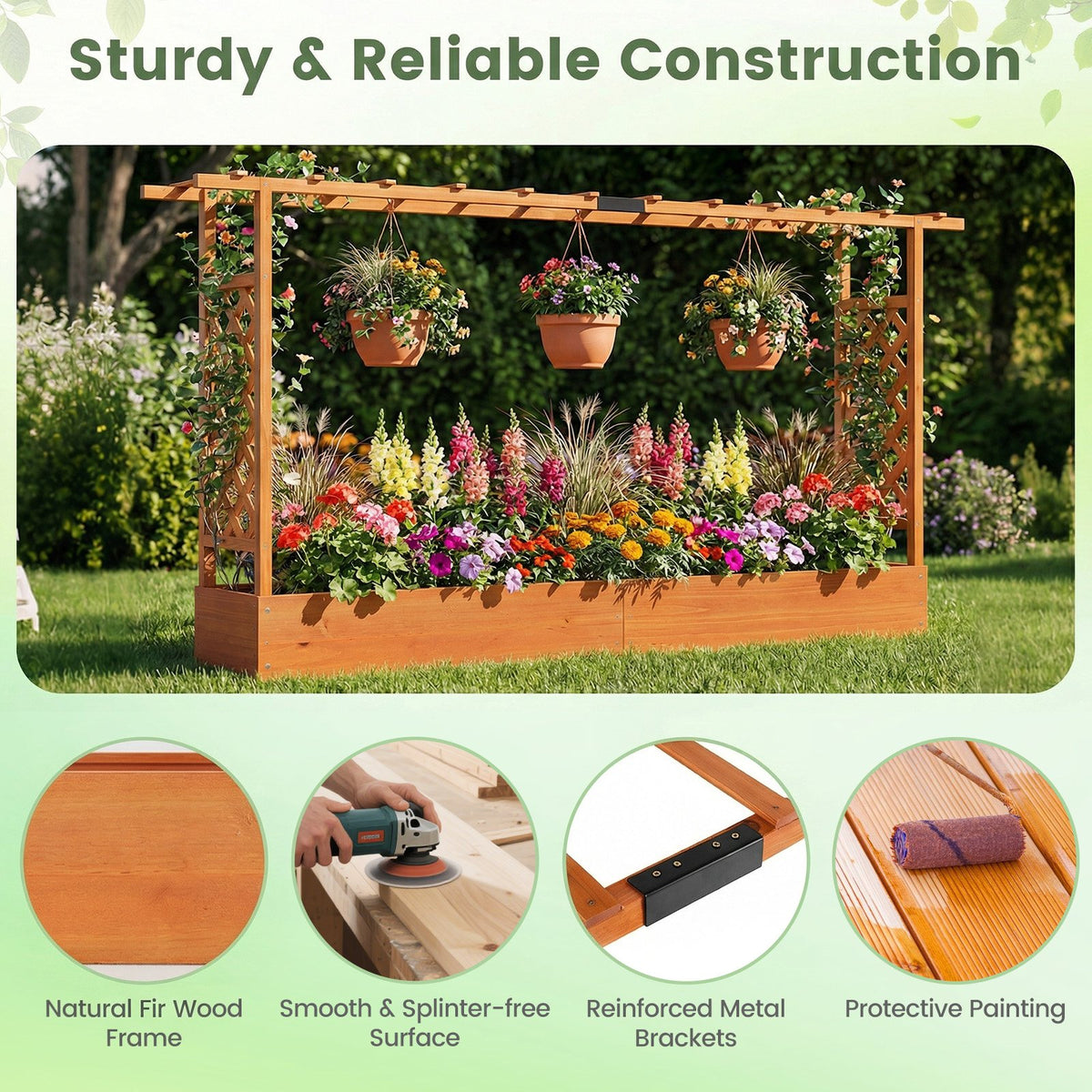 45 Inch Tall Wooden Raised Garden Bed with Side Trellis and Hanging Roof Drainage Holes-Orange view 6