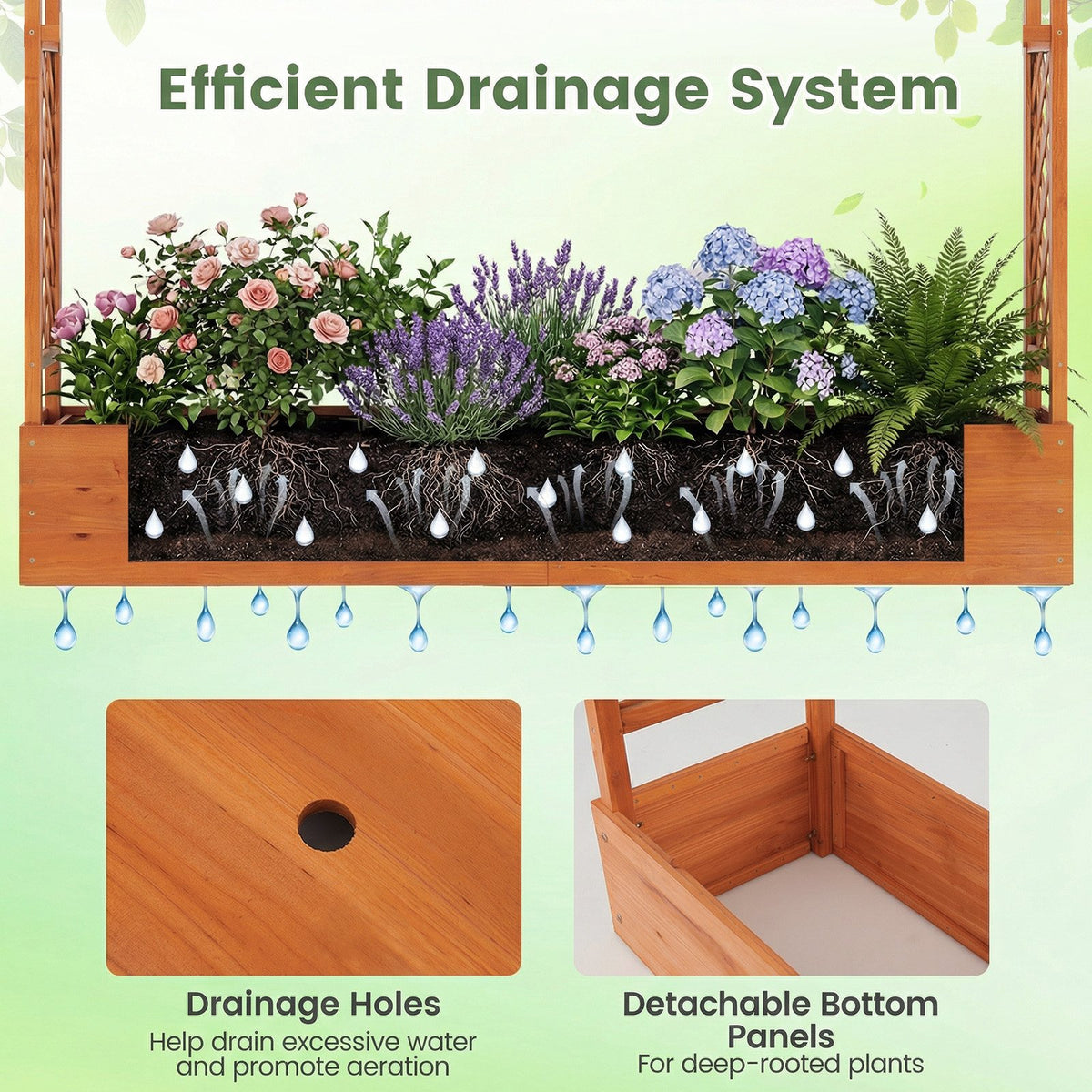 45 Inch Tall Wooden Raised Garden Bed with Side Trellis and Hanging Roof Drainage Holes-Orange view 9