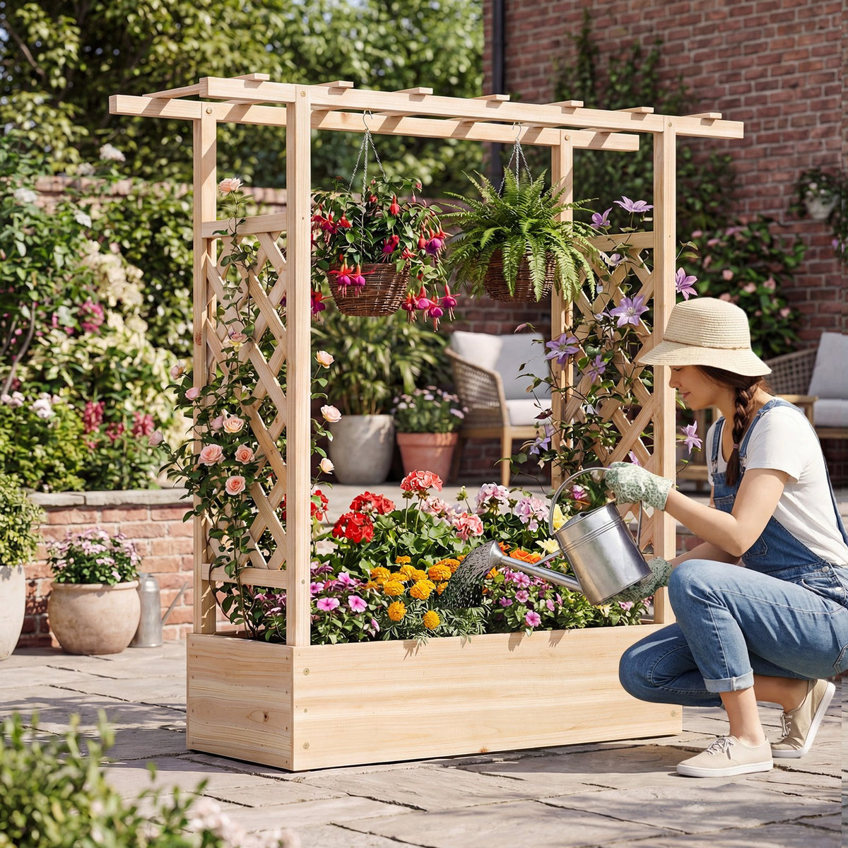 45 inch Tall Wooden Raised Garden Bed with Side Trellis and Hanging Roof-Natural view 2